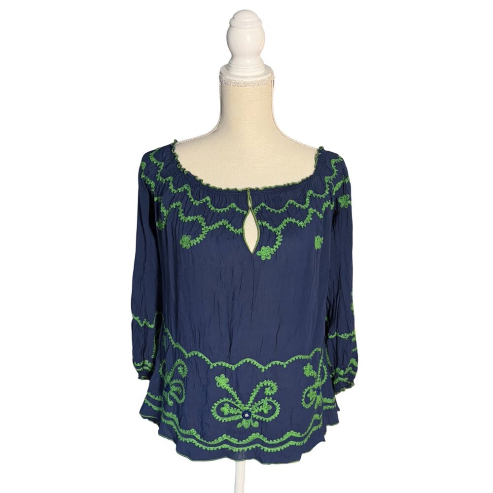 Poupette St Barths embroidered off the shoulder top M medium navy blue green